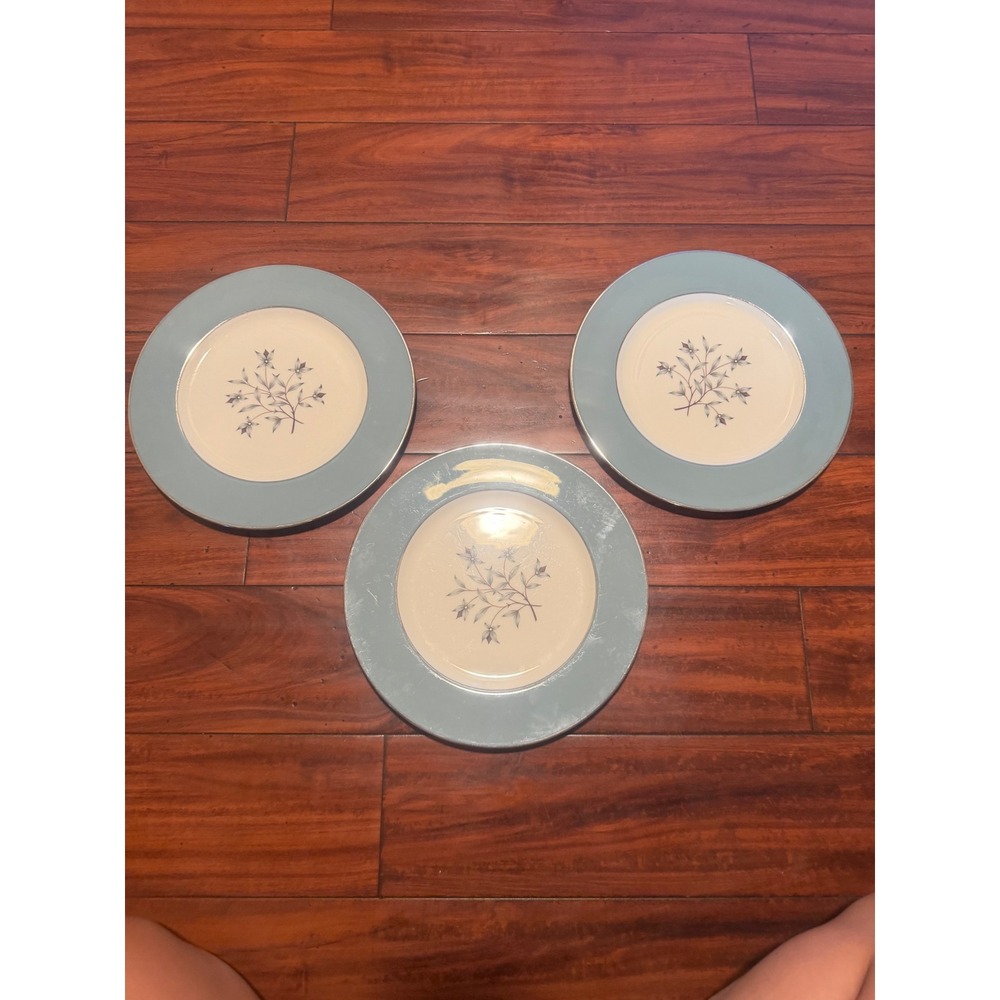 3 Kingsley by Lenox X-445 Dinner Plates Blue Platinum Trim Floral USA 10.5in